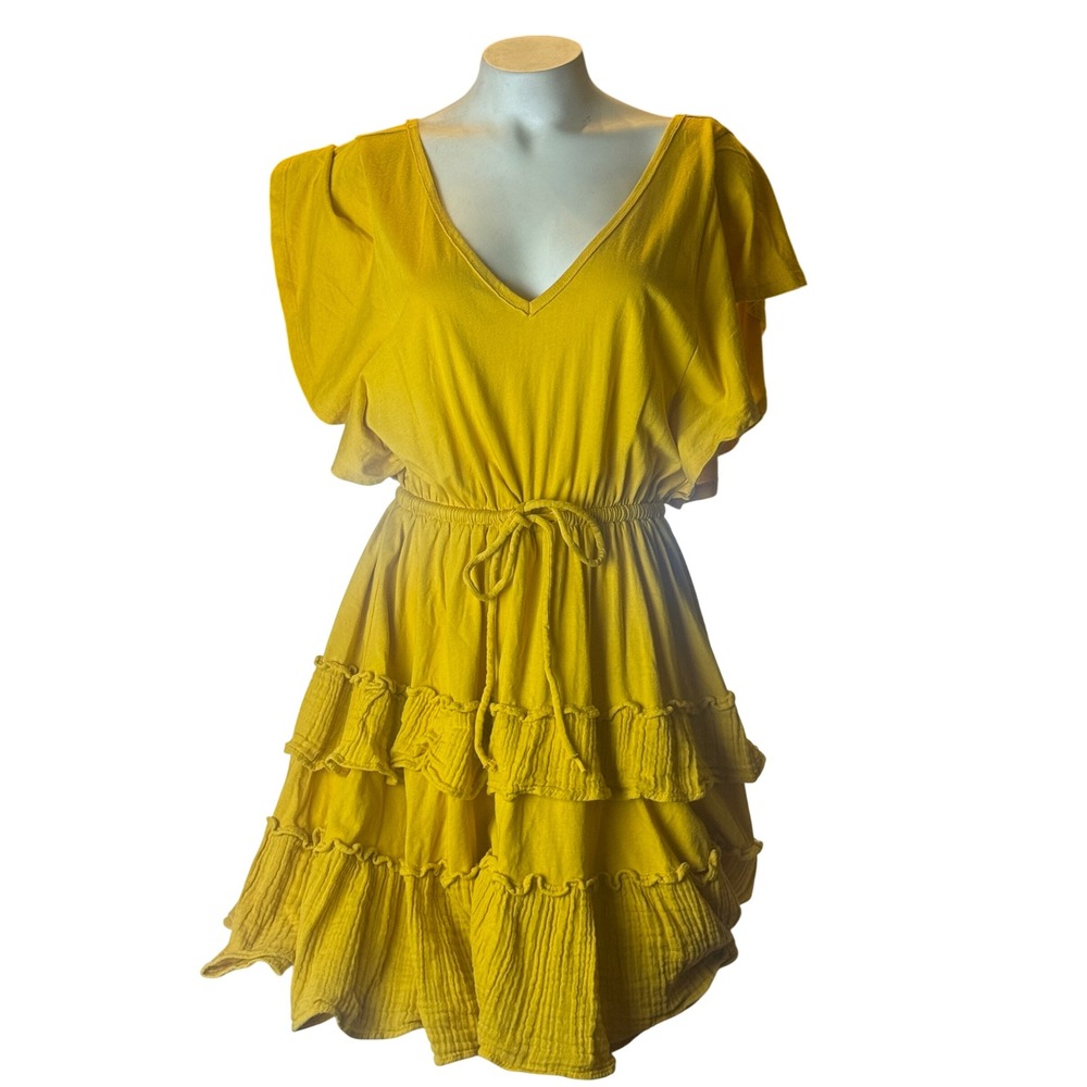 Daily Practice Anthropologie Mustard Yellow Ruffle Tiered Gauze Mini Dress XSP
